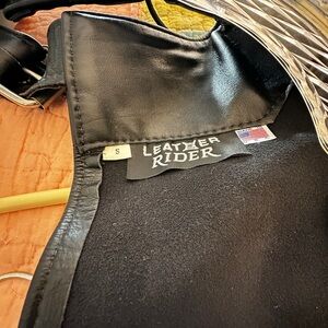Leather Rider Black Jacket, chaps, gloves, boot scarf, vest